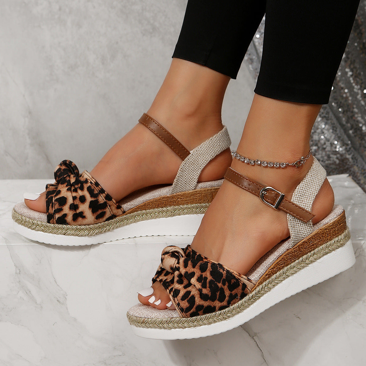 New Thick-soled Bow Sandals Summer Fashion Casual Linen Buckle Wedges Shoes For Women Limorista