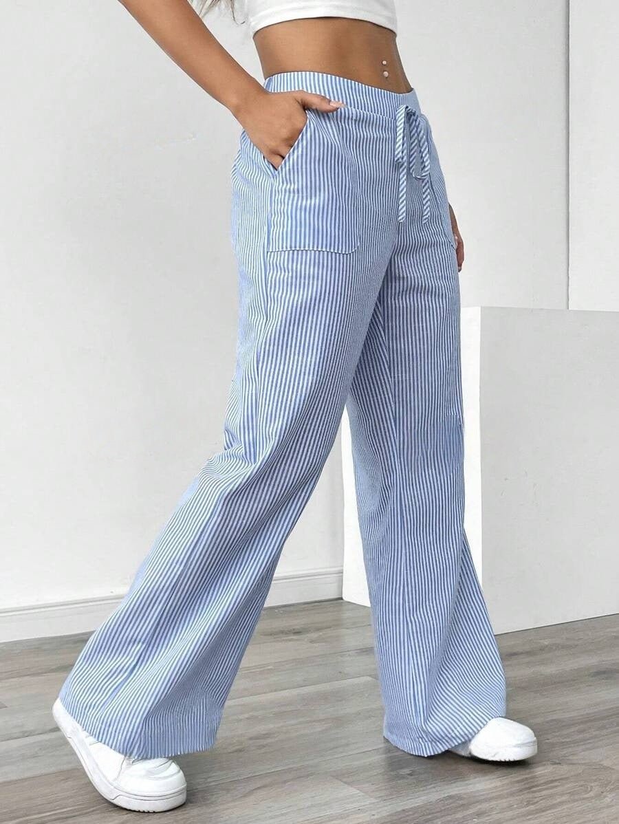 New Striped Trousers With Pockets Casual Versatile Loose Wide Leg Pants Women&