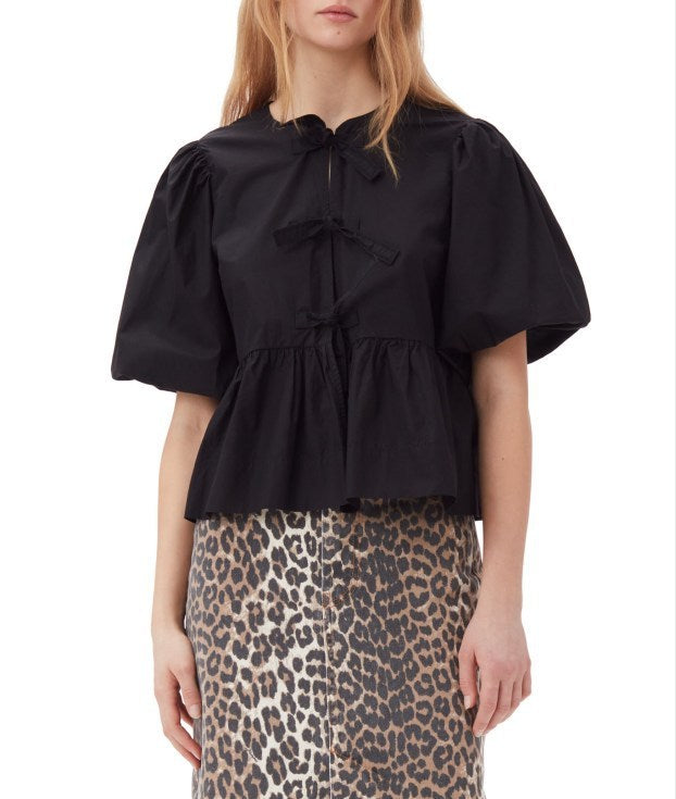 Limorista - Fashion Printed Shirt Half Sleeve Lace-up Top