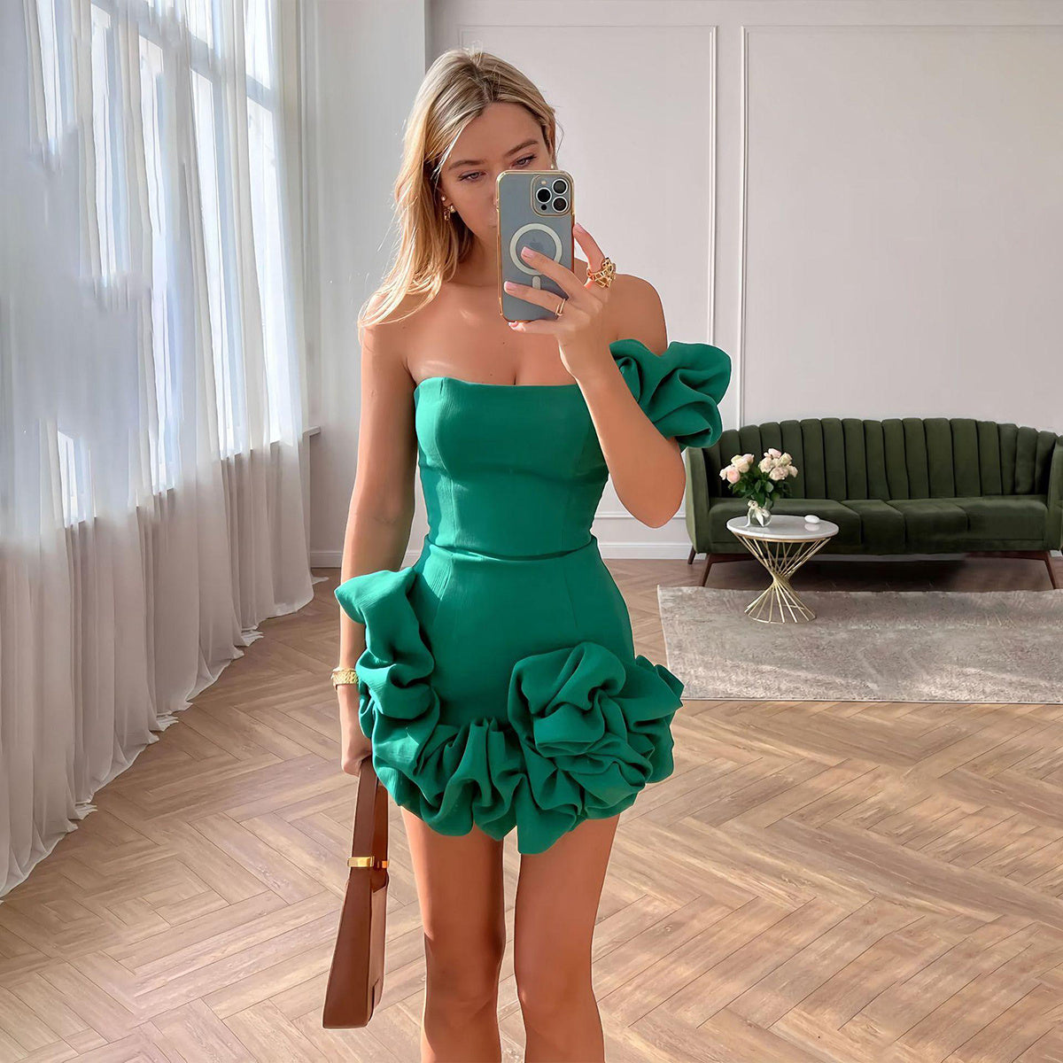 Fashion One-shoulder One-shoulder Dress Sexy Slim Ruffled Flower-bud Design Short Dress For Evening Party Womens Clothing Limorista