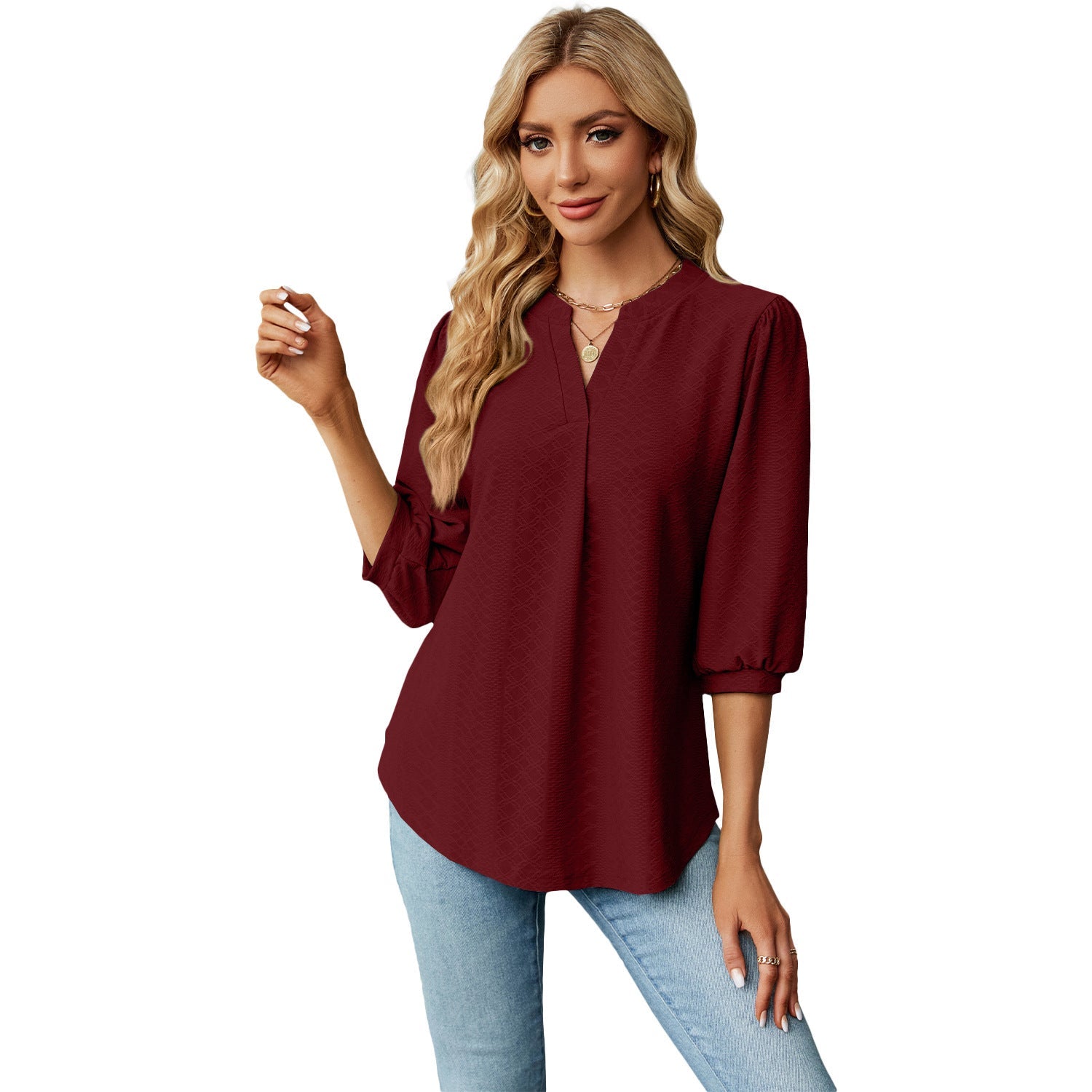 Solid Color Lace Collar Jacquard Long Sleeve Loose-fitting T-shirt Top Limorista