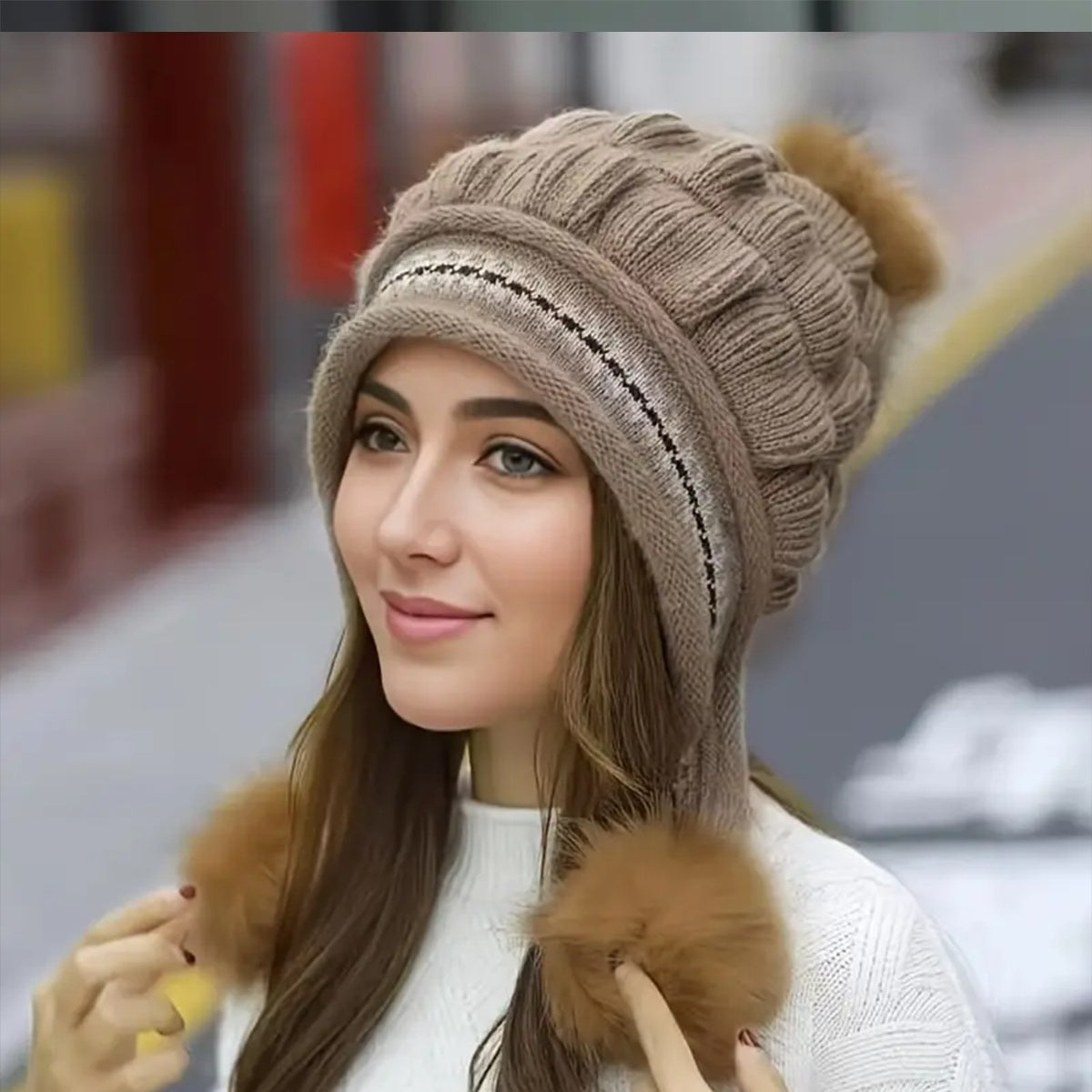 Cozy Knit Fleece-Feel Beanie With Ear Flaps & Pompom Warm Winter Hat For Women Perfect For Skiing & Outdoor Activities Limorista