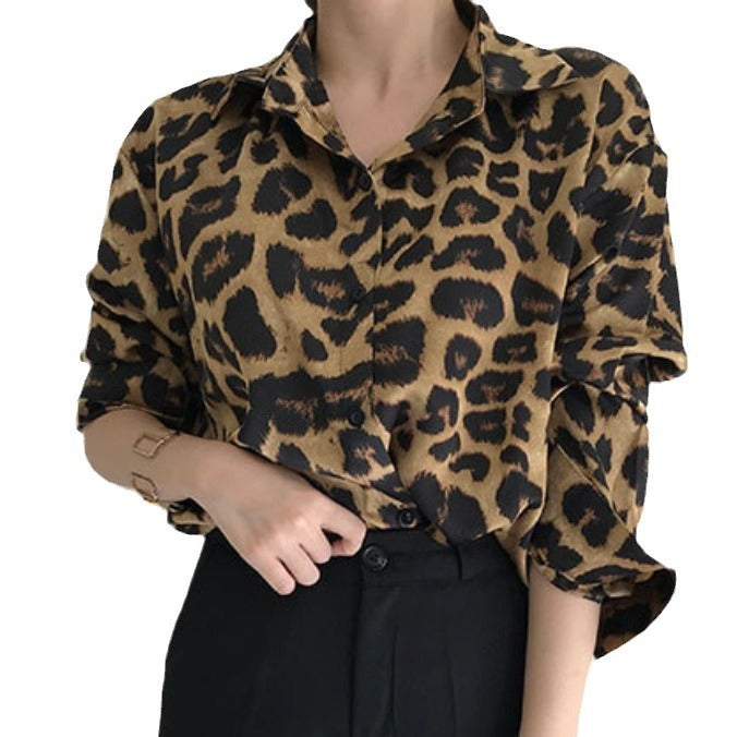 Vintage Leopard Print Loose Long Sleeve Shirt Limorista