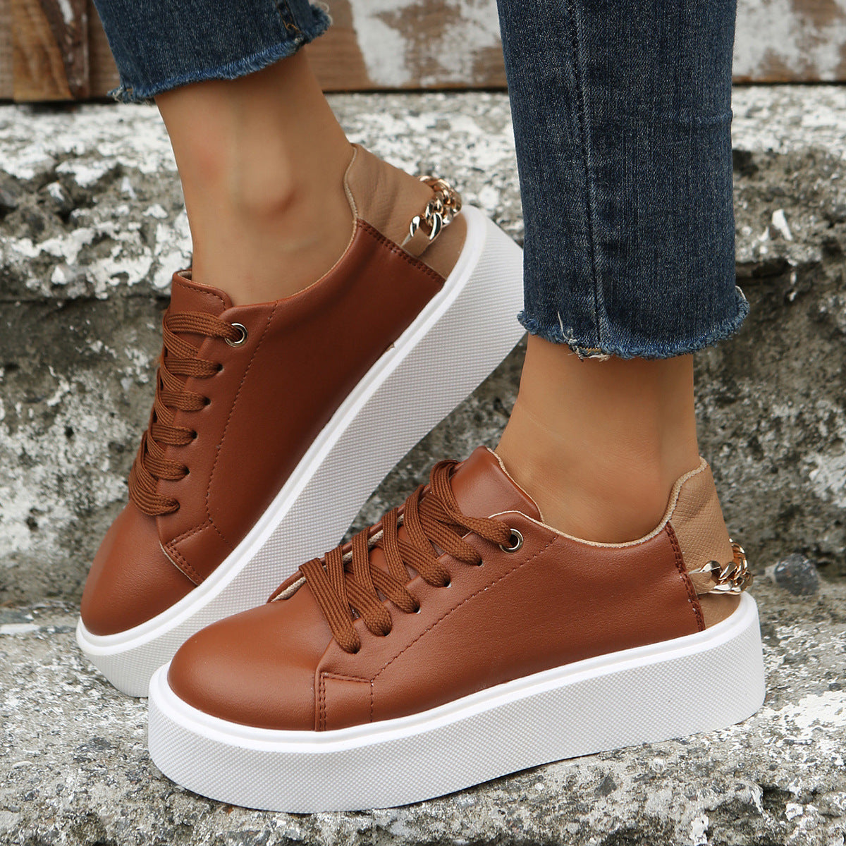 Round Head Cross Strap Thick Bottom Casual Low-top Sneakers Chain Pumps Limorista