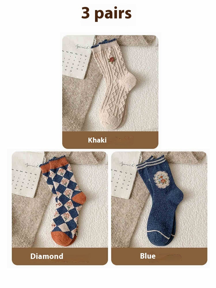 Vintage Small Flower Wool Socks Fleece Lined Padded Warm Keeping Tube Socks Limorista