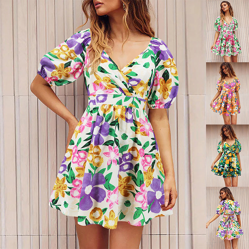 Flowers Print V-Neck Lantern-sleeve Dress Y2K Summer Vacation Beach Short Dresses Fashion Womens Clothing Limorista