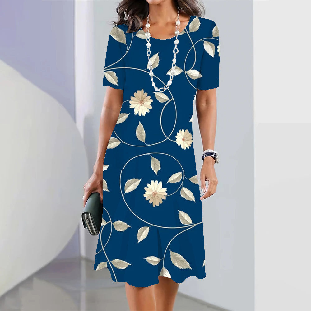 3d Floral Blue Printed Round Neck Fashion Party Dress Limorista