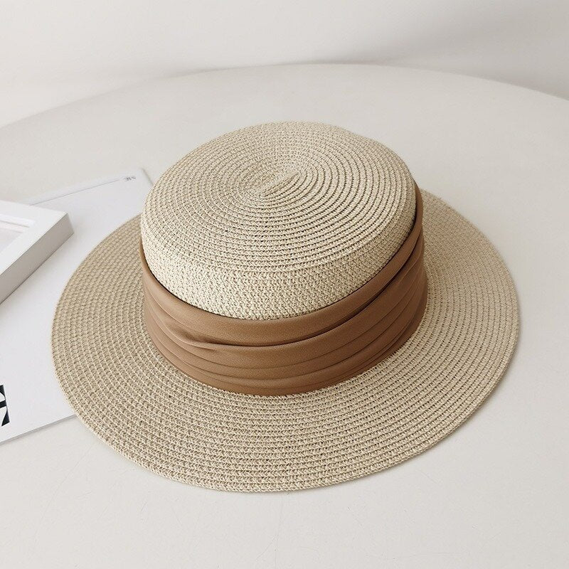Flat Straw Hat French Woven Top Hat Seaside Beach Vacation Sun Shade Limorista