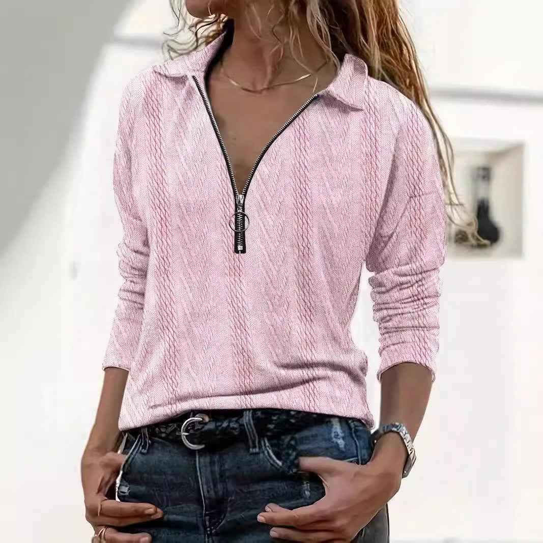 Limorista - Lapel Solid Color Texture Series Zipper Women&