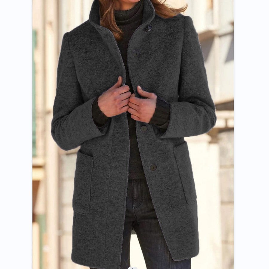 Fashion Stand Collar Woolen Coat With Pockets Fall Winter Casual Button Outwear For Women Clothing Limorista