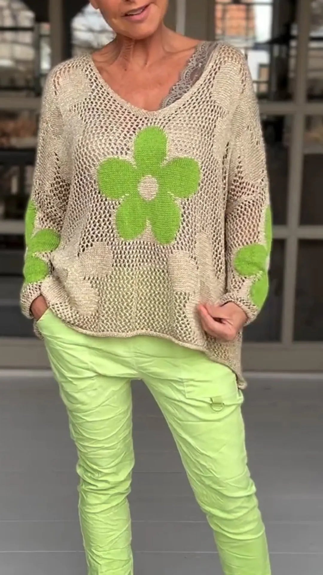 Limorista - Floral Knitted Hollow Out V-neck Shirt