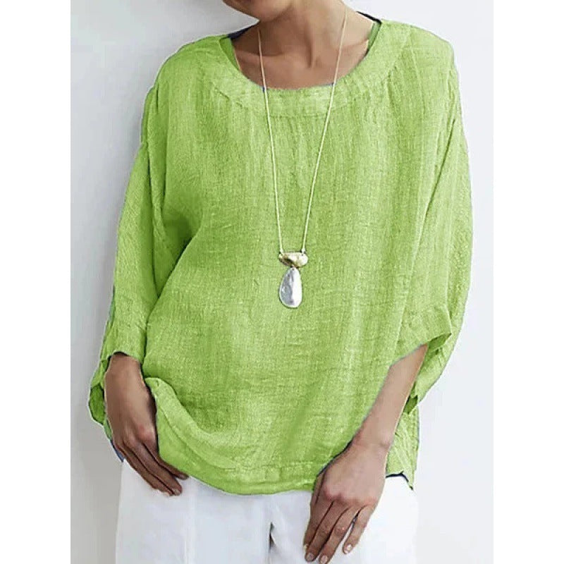 Casual Round Neck Cotton Top Women&