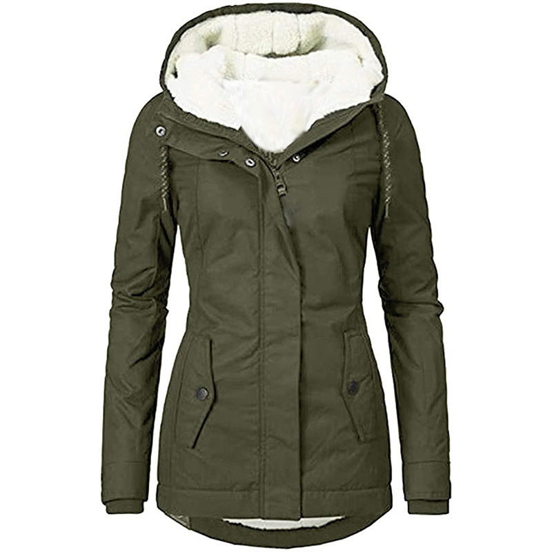 Solid Color Pocket Long-sleeve Zipper Fleece Padded Coat Women Limorista