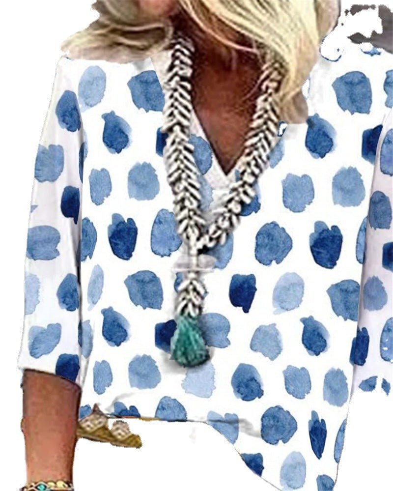 Limorista - V-Neck Dot Print Loose Casual Shirt Top