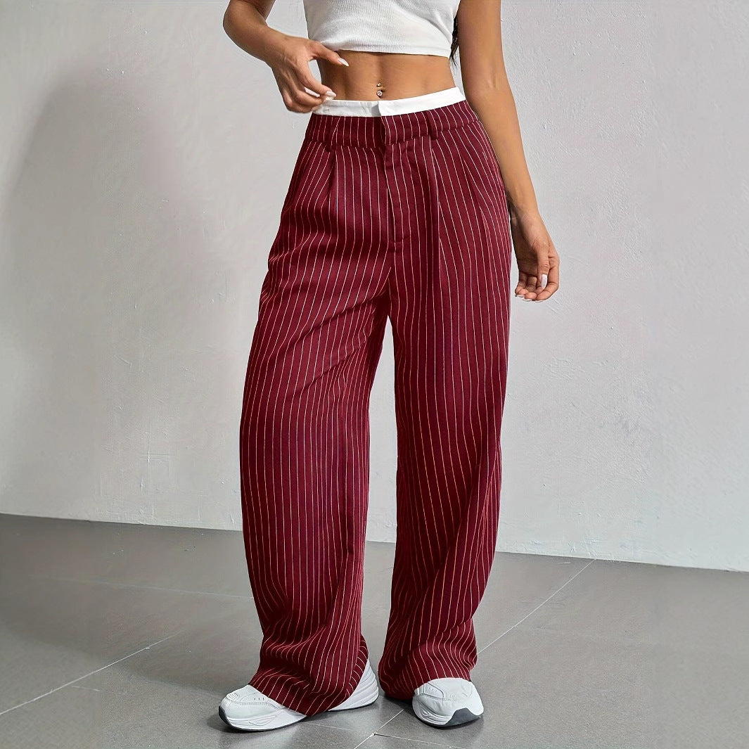 Stripe Printed Trousers Fashion High Waist Straight Leg Pants With Pocket Zipper Casual Suit Pants For Women Limorista