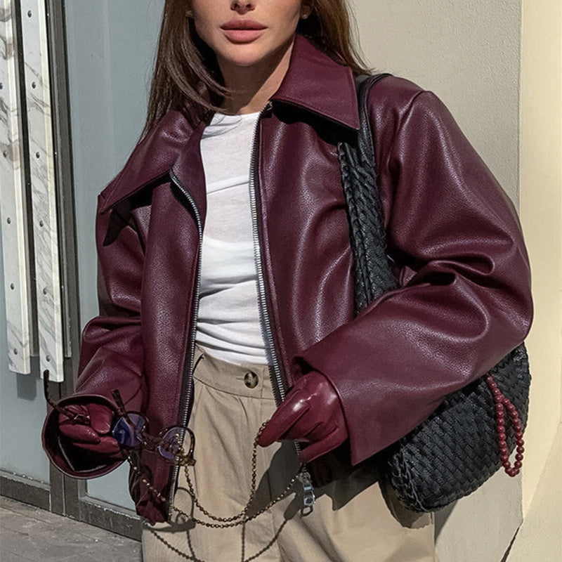 Solid Color Lapel Zipper Jacket Fashion Casual Long Sleeve Leather Coat Tops Women Clothing Limorista