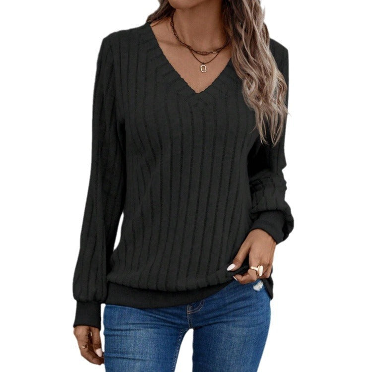 Fall V-neck Brushed Sunken Stripe Solid Color Top Women&