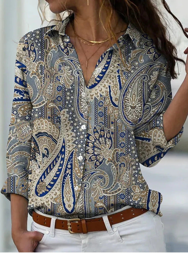 Long Sleeve Floral Collar Loose Casual Shirt Limorista