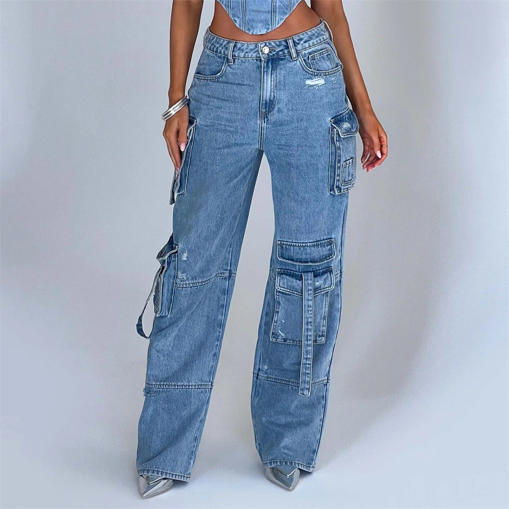2Pcs Denim Suits Summer Sexy Backless Tube Top And Multi-pocket Straight Trousers Fashion Long Pants Suit Womens Clothing Limorista