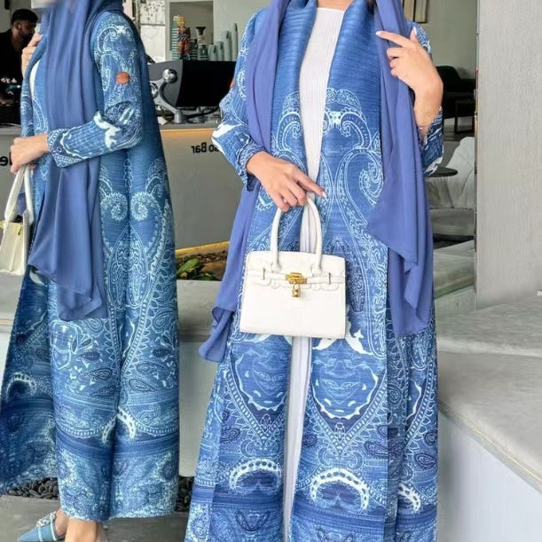 Pleated Trench Djellaba Hot-selling Printed Shawl Cardigan Ethnic Style Cloak Coat Limorista