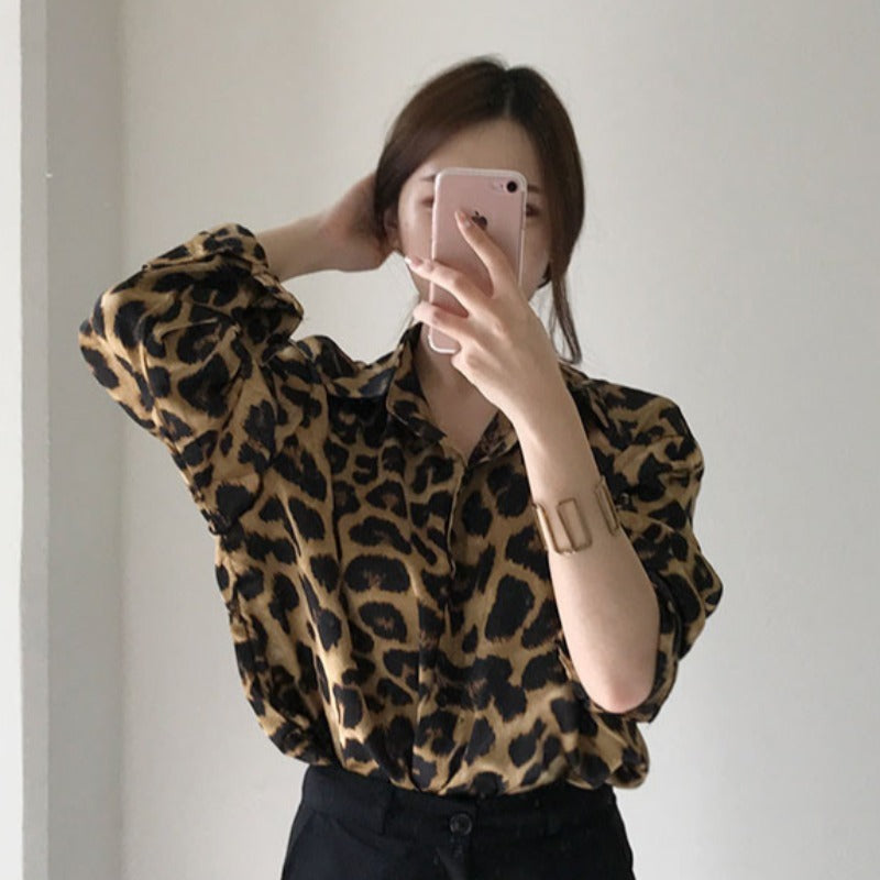 Limorista - Vintage Leopard Print Loose Long Sleeve Shirt