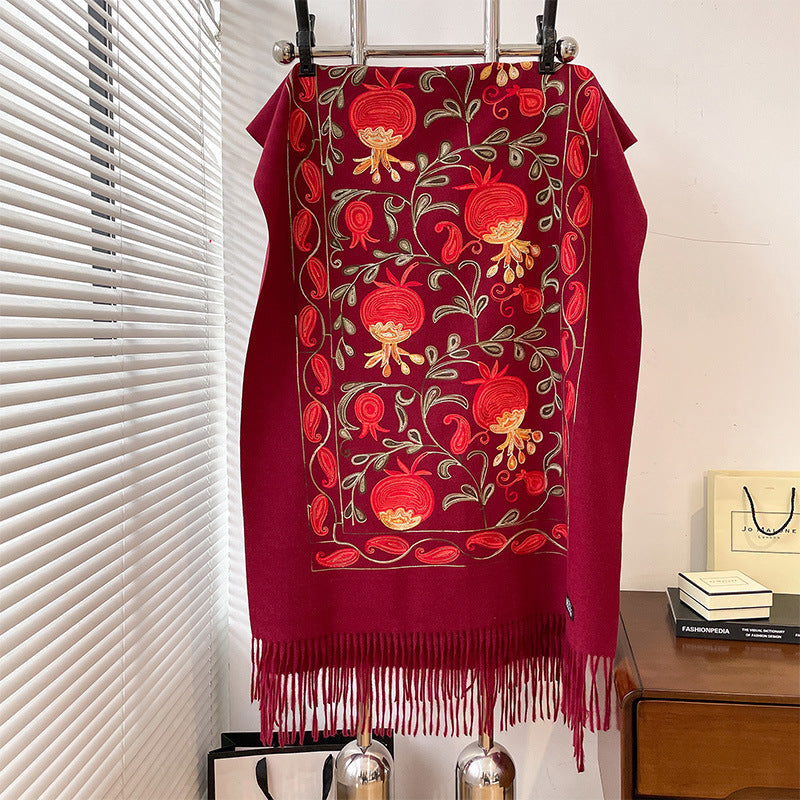 Contrast Color Pomegranate Leaf Embroidered Double-sided Shawl Limorista