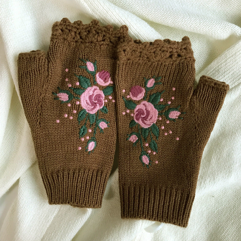 Embroidered Ladies Warm Gloves Bee Floral Knit Limorista