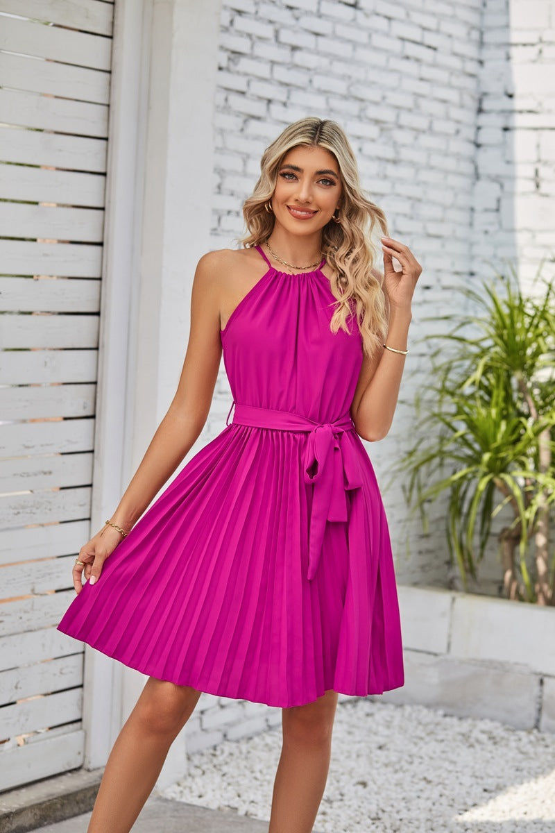 Halter Strapless Dresses For Women Solid Pleated Skirt Summer Beach Sundress Limorista