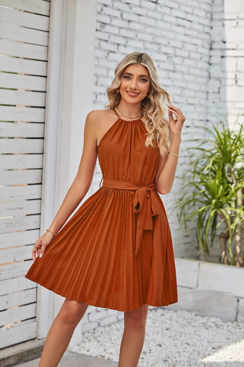 Halter Strapless Dresses For Women Solid Pleated Skirt Summer Beach Sundress Limorista