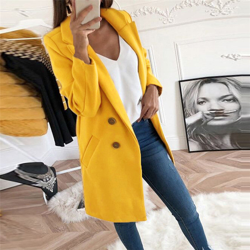 Solid Color Polo Collar Mid-length Button Woolen Coat Limorista