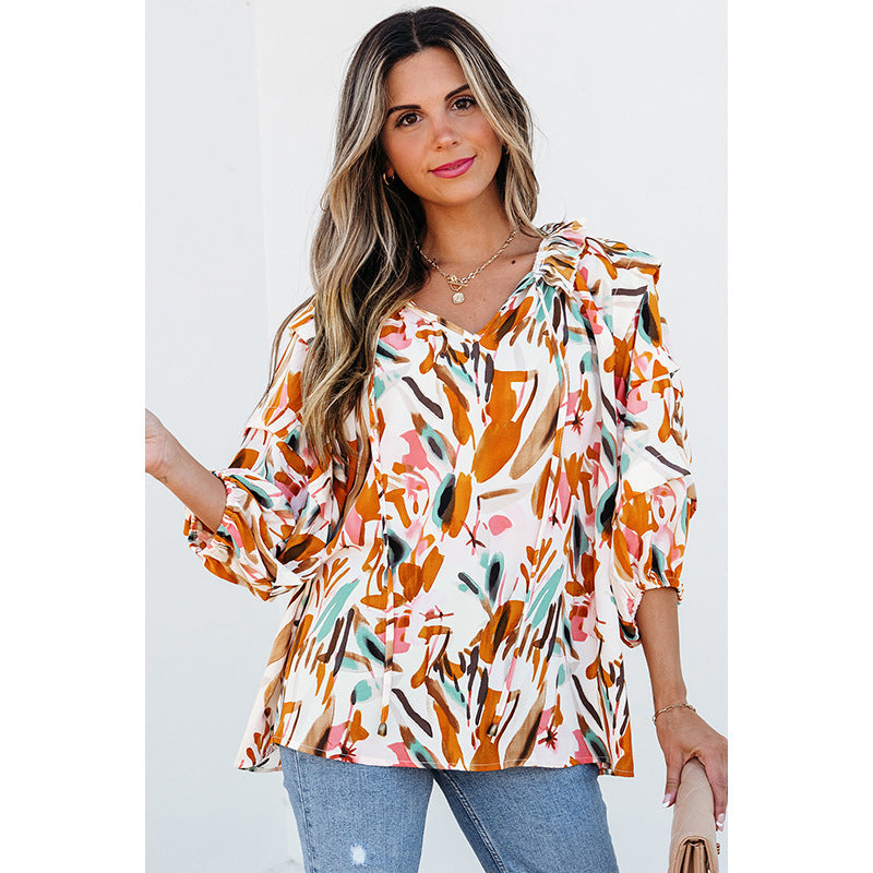 European And American Fashion Colorblock Printed V-neck Chiffon Shirt Women Limorista