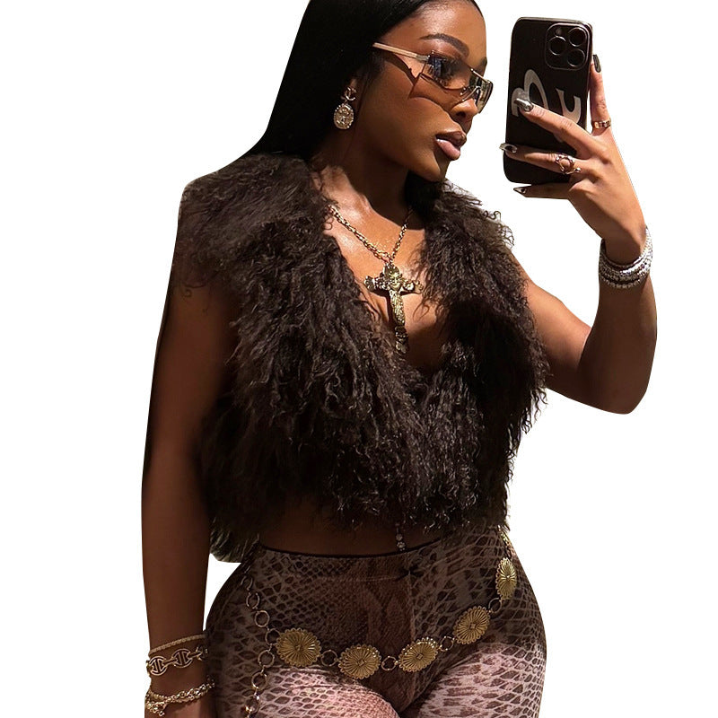 Limorista - Vest Fashion Bare Back Fur Collar Halter Top