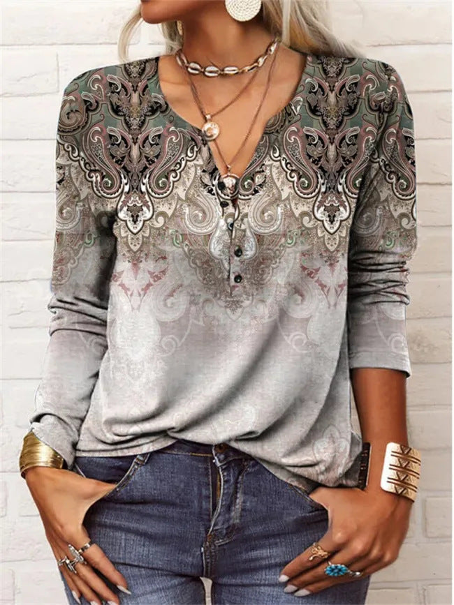 Long Sleeved Geometric Flower Mang U-neck Button Up T-shirt For Women Limorista