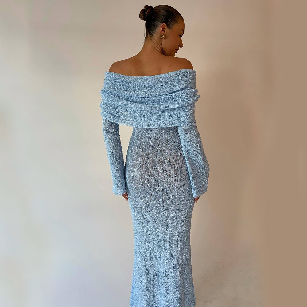 New One-shoulder Knitted Long-sleeved Dress Sexy Beach Holiday Long Dresses Womens Clothing Limorista