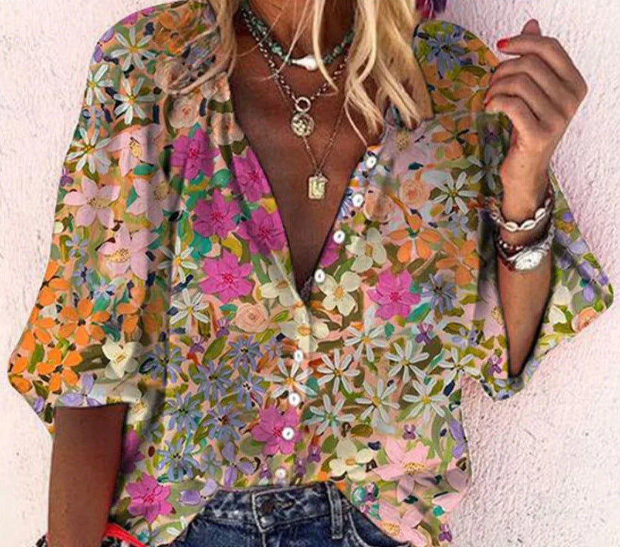 Fashion V-neck 3d Floral Printed Long-sleeved Top Limorista