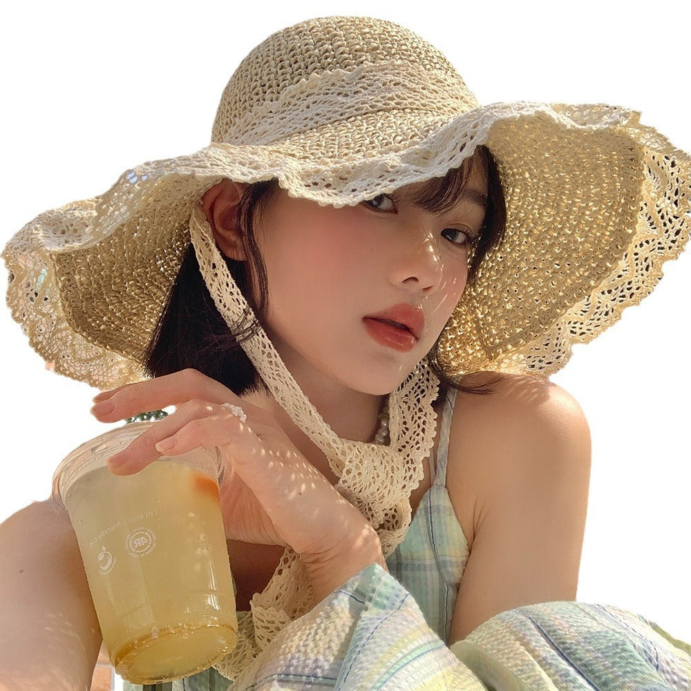 Lace String Color Woven Straw Hat Summer Versatile Outdoor Travel Beach Hat Cute Girl Ins Bucket Hat Limorista