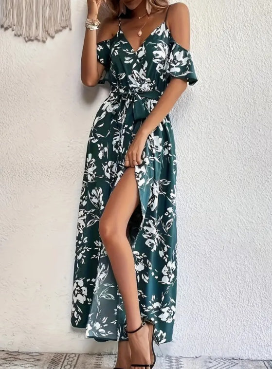 Flower Print Split Suspender Dress With Lace-up Design Summer Fashion Long Dresses Beach Clothing For Women Limorista