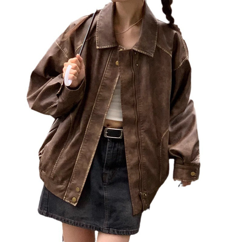 Retro Brushed Vintage Brown Leather Coat For Women Spring And Autumn Limorista