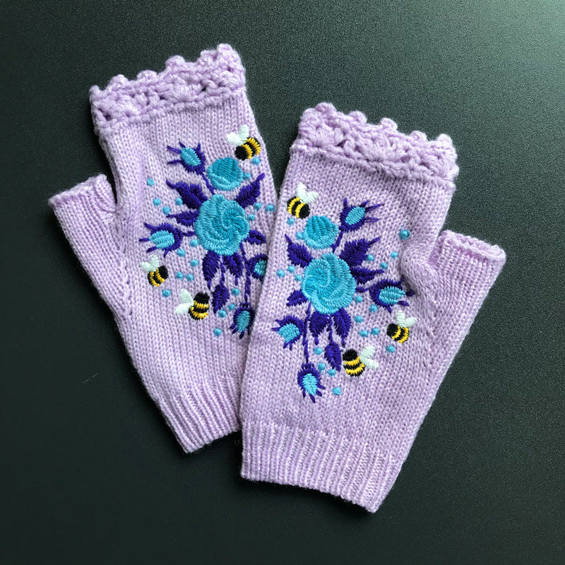 Embroidered Ladies Warm Gloves Bee Floral Knit Limorista