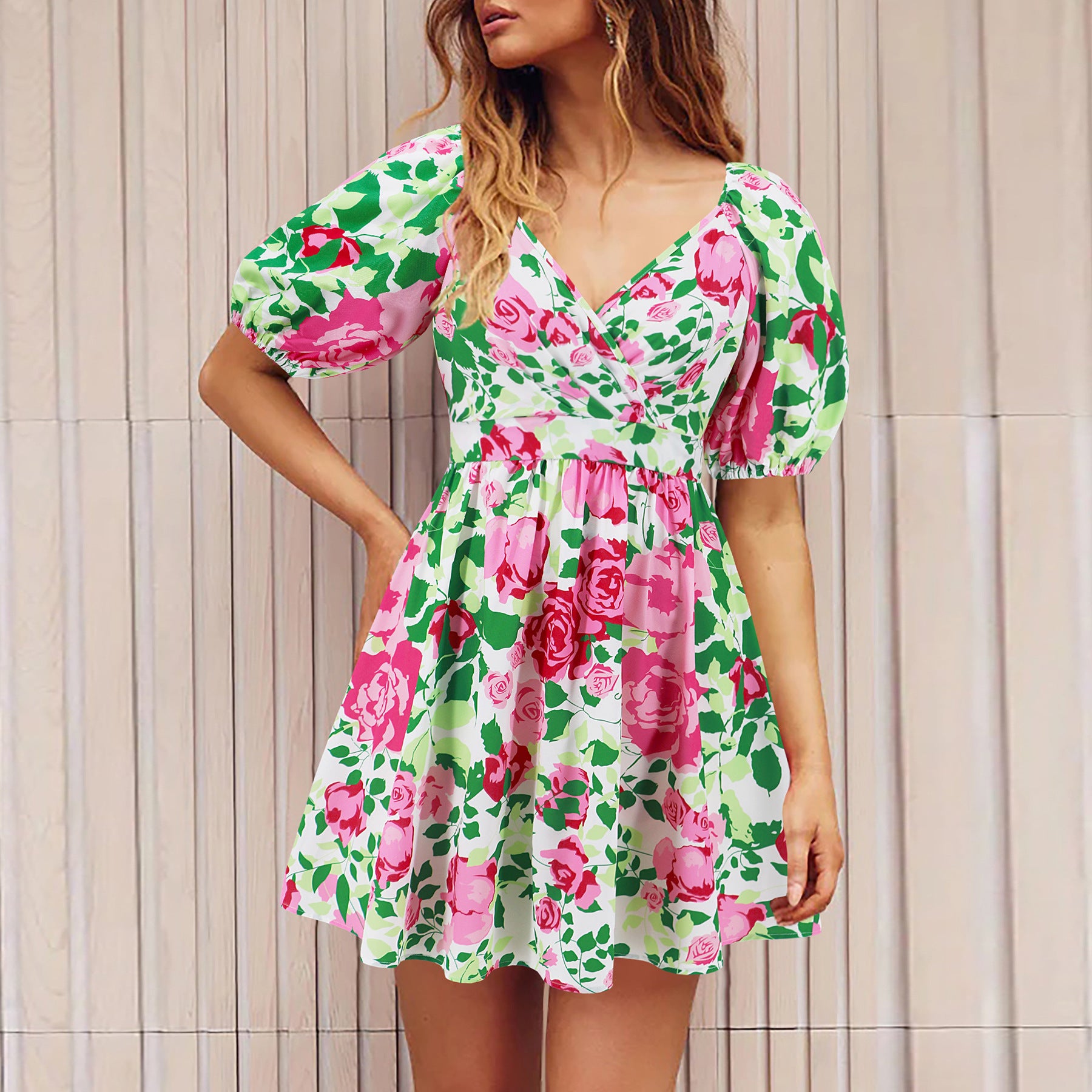 Flowers Print V-Neck Lantern-sleeve Dress Y2K Summer Vacation Beach Short Dresses Fashion Womens Clothing - Limorista