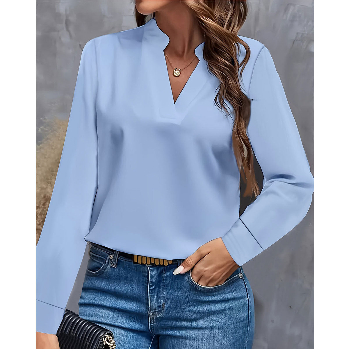 Simple Casual Solid Color And V-neck Loose Shirt Women&