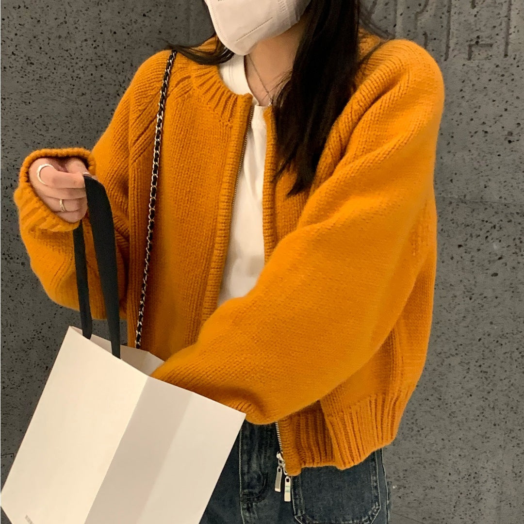 Orange Zipper Sweater Cardigan For Women Limorista