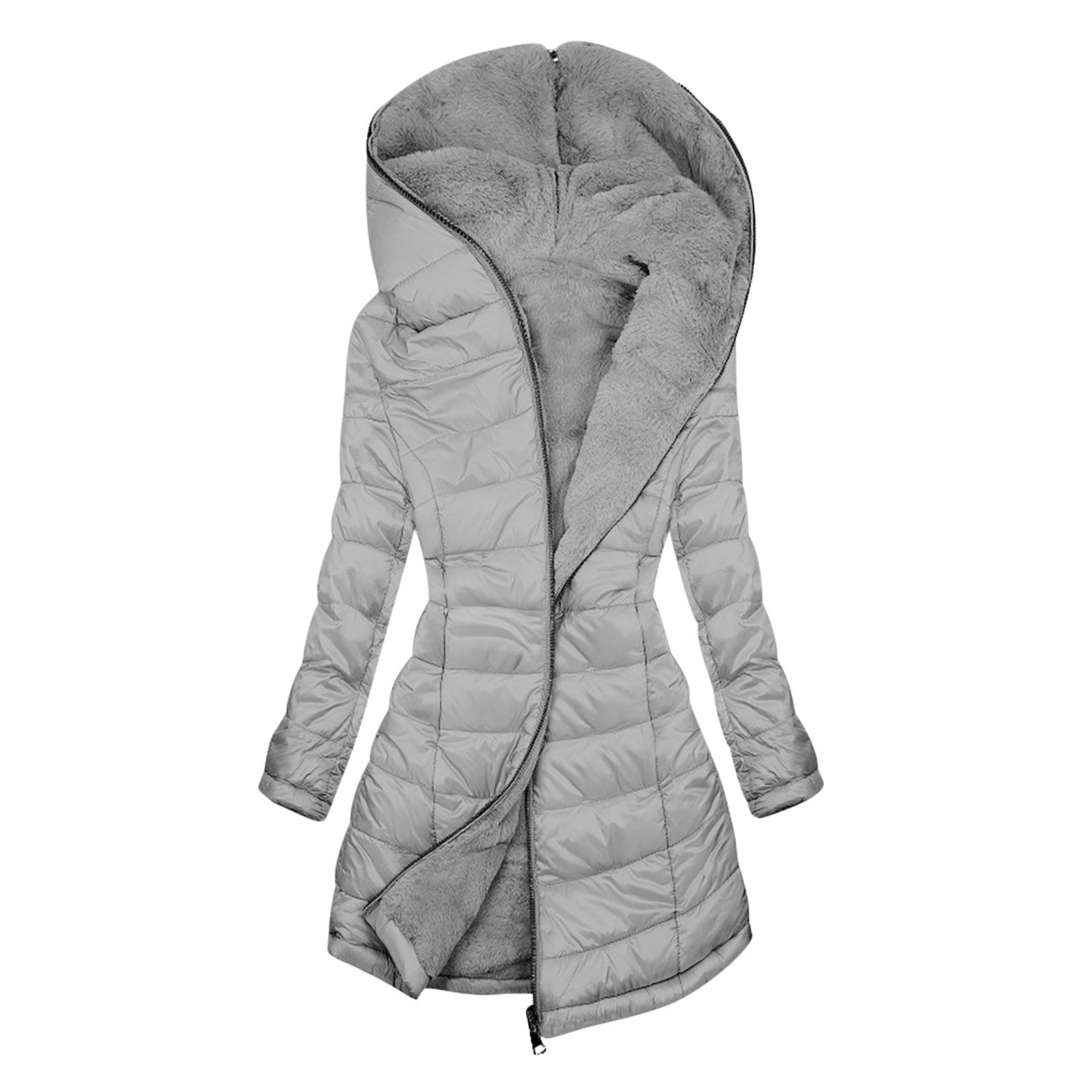European And American Zipper Outer Wear Hooded Warm Fleece-lined Mid-length Winter Women&