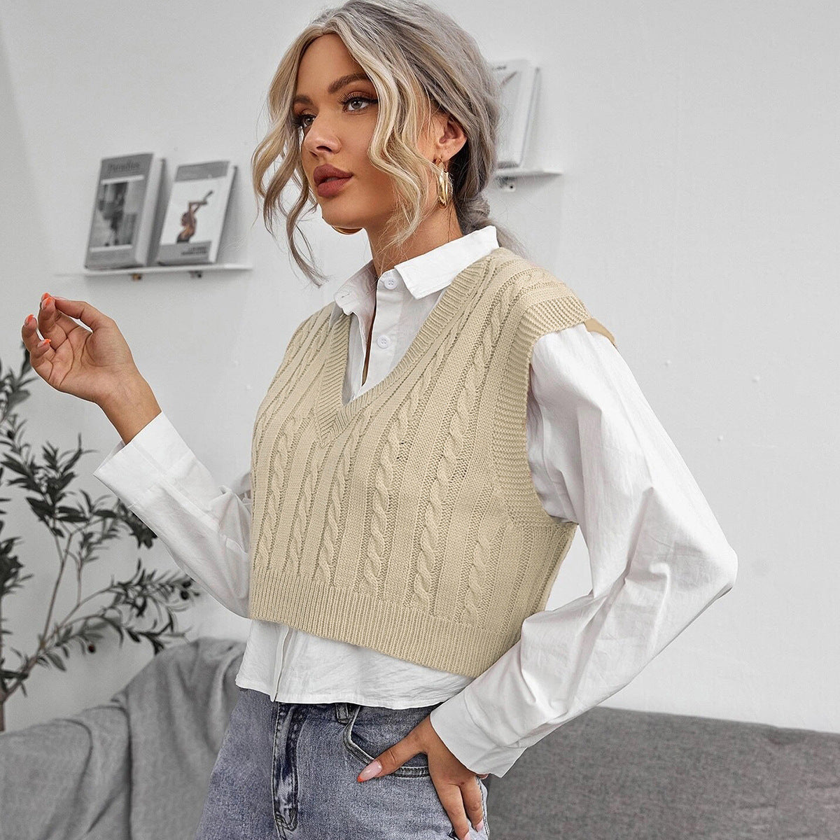 V-neck Knitted Vest Sweater Vest Sleeveless Waistcoat Women&