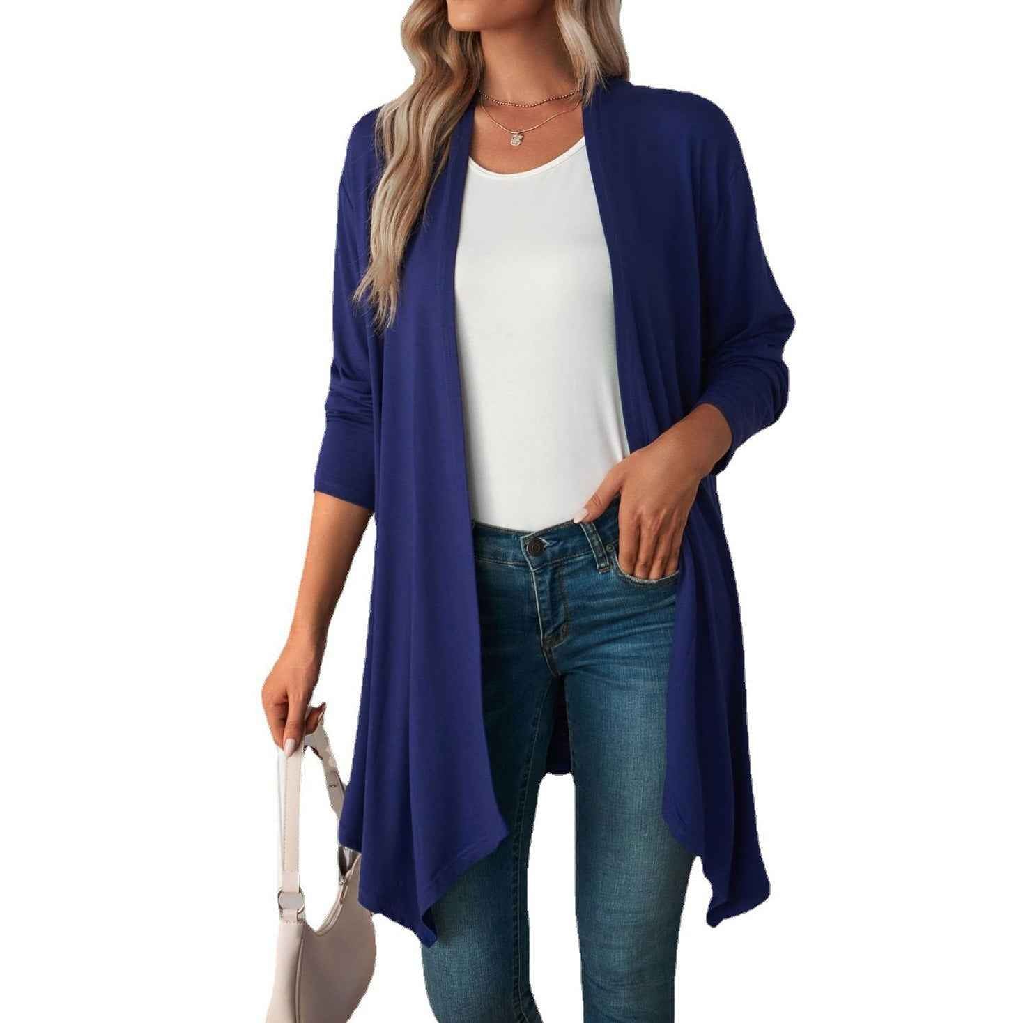 Limorista - Solid Color Long Sleeve Cardigan Jacket Long Shirt Women