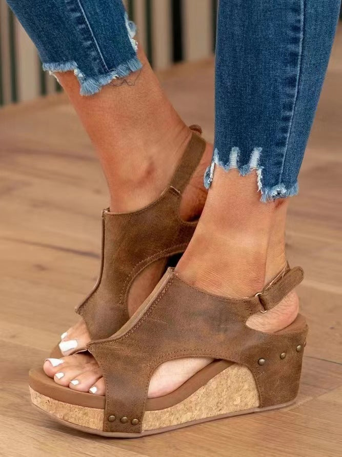 Ladies New Wedge Peep Toe Rivet Sandals Limorista