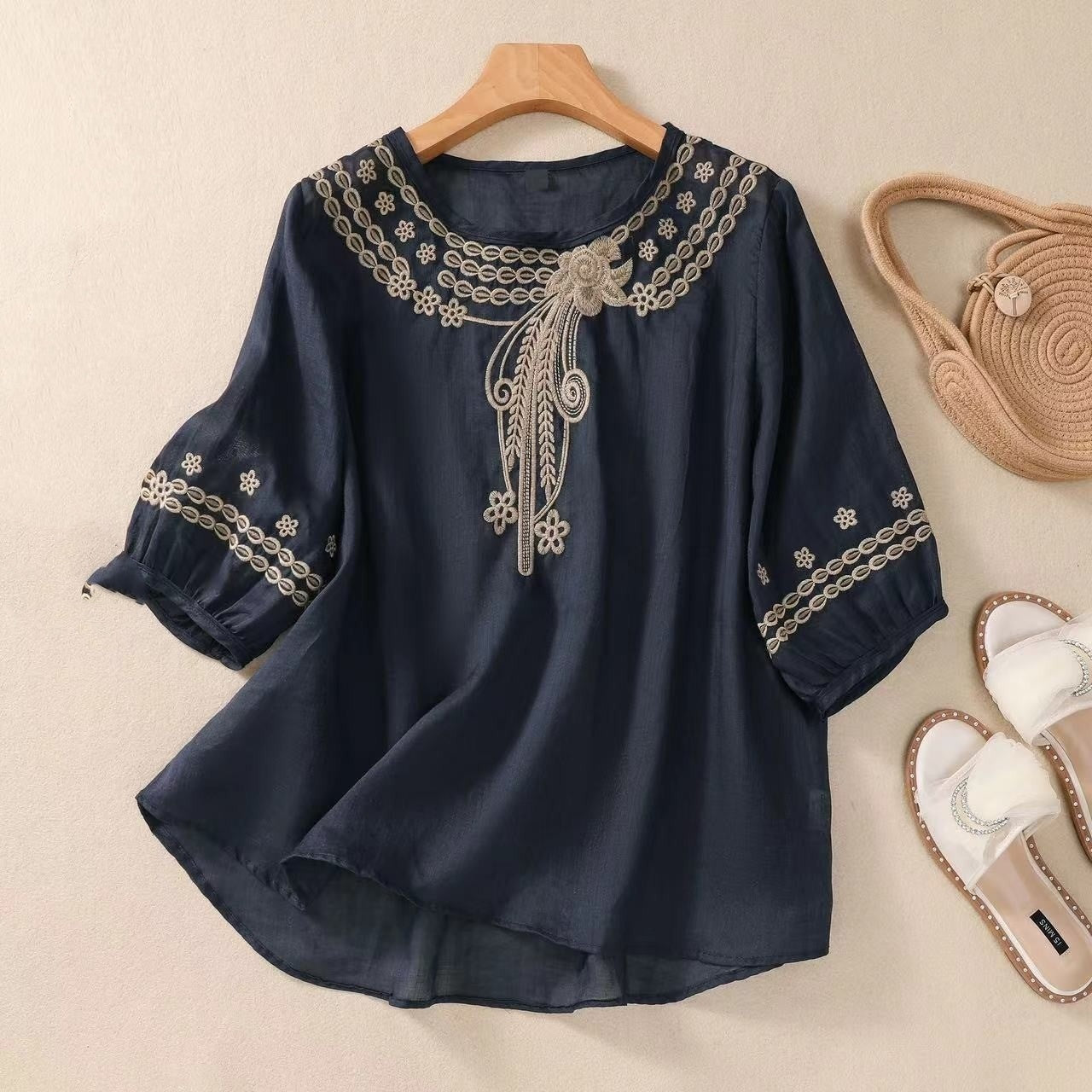 Limorista - Vintage Cotton And Linen Embroidered Shirt Summer Half Sleeve