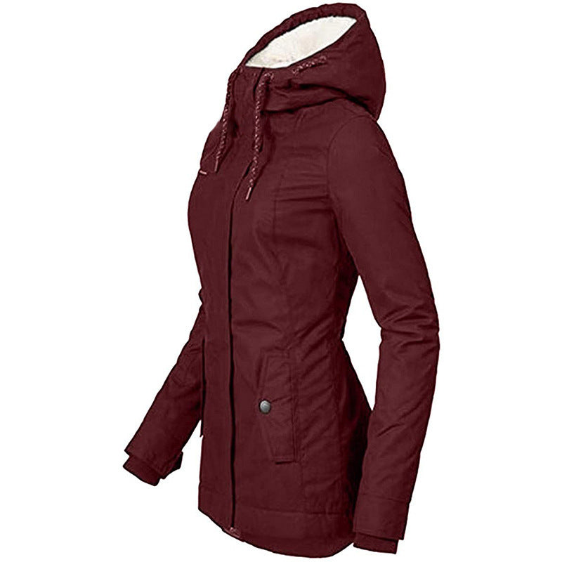 Solid Color Pocket Long-sleeve Zipper Fleece Padded Coat Women Limorista