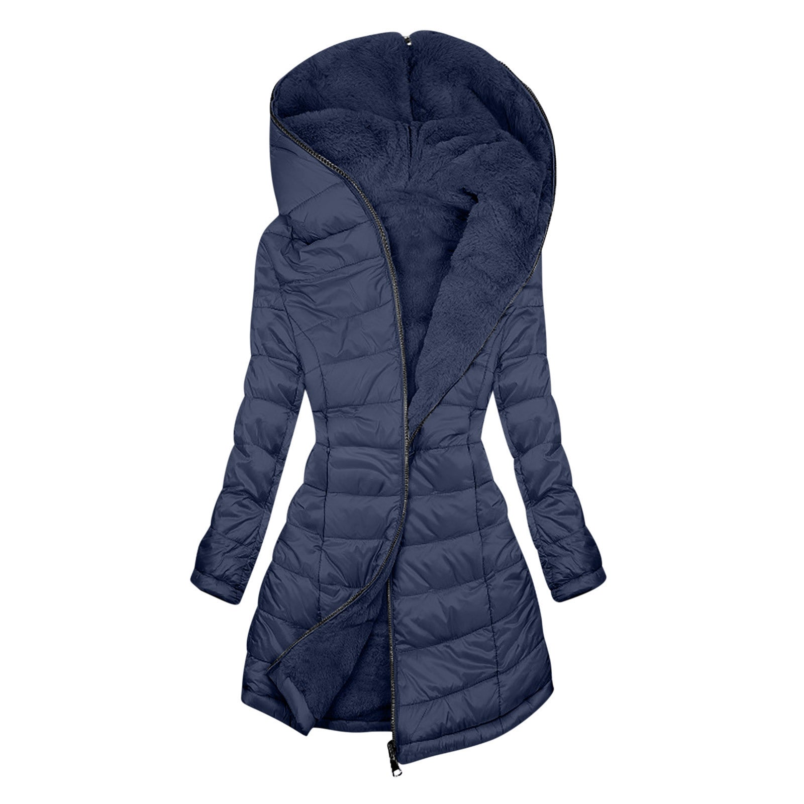 European And American Zipper Outer Wear Hooded Warm Fleece-lined Mid-length Winter Women&