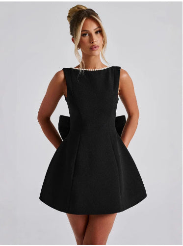 Fashion Big-Bowed Pearls Backless Dress Summer Slim Sleeveless A-line Dresses For Party Evening Women&